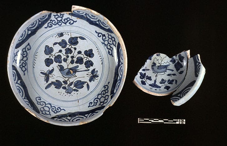 Two English tin-glazed earthenware vessels, including a bowl and a basin, ca. 1680. Image Credit: Jamestown-Yorktown Foundation.