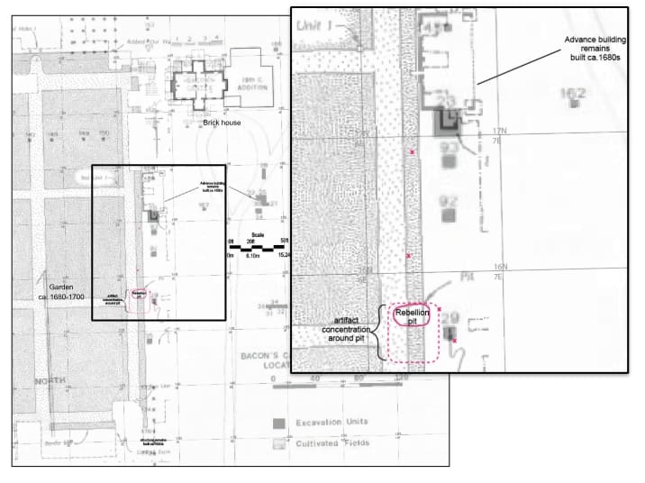 Figure 1 Detail of composite site plan for Bacon’s Castle showing archaeological test units and excavated footprint of the garden (far left) and other features. The “Rebellion pit” is circled, about two-thirds of the way down the east edge of the garden, with a dotted line around it showing the extent of the artifact concentration around it (Planto, 2026, based on archaeological site plans from Luccketti 1978, 1984, and 1988).