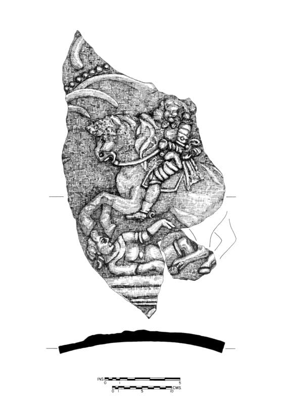 a line drawing of an iron fireback fragment depicting King Charles II.