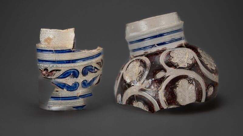 Two sprig-molded Westerwald stoneware vessels, ca. 1680-1700. Image Credit: Jamestown-Yorktown Foundation.