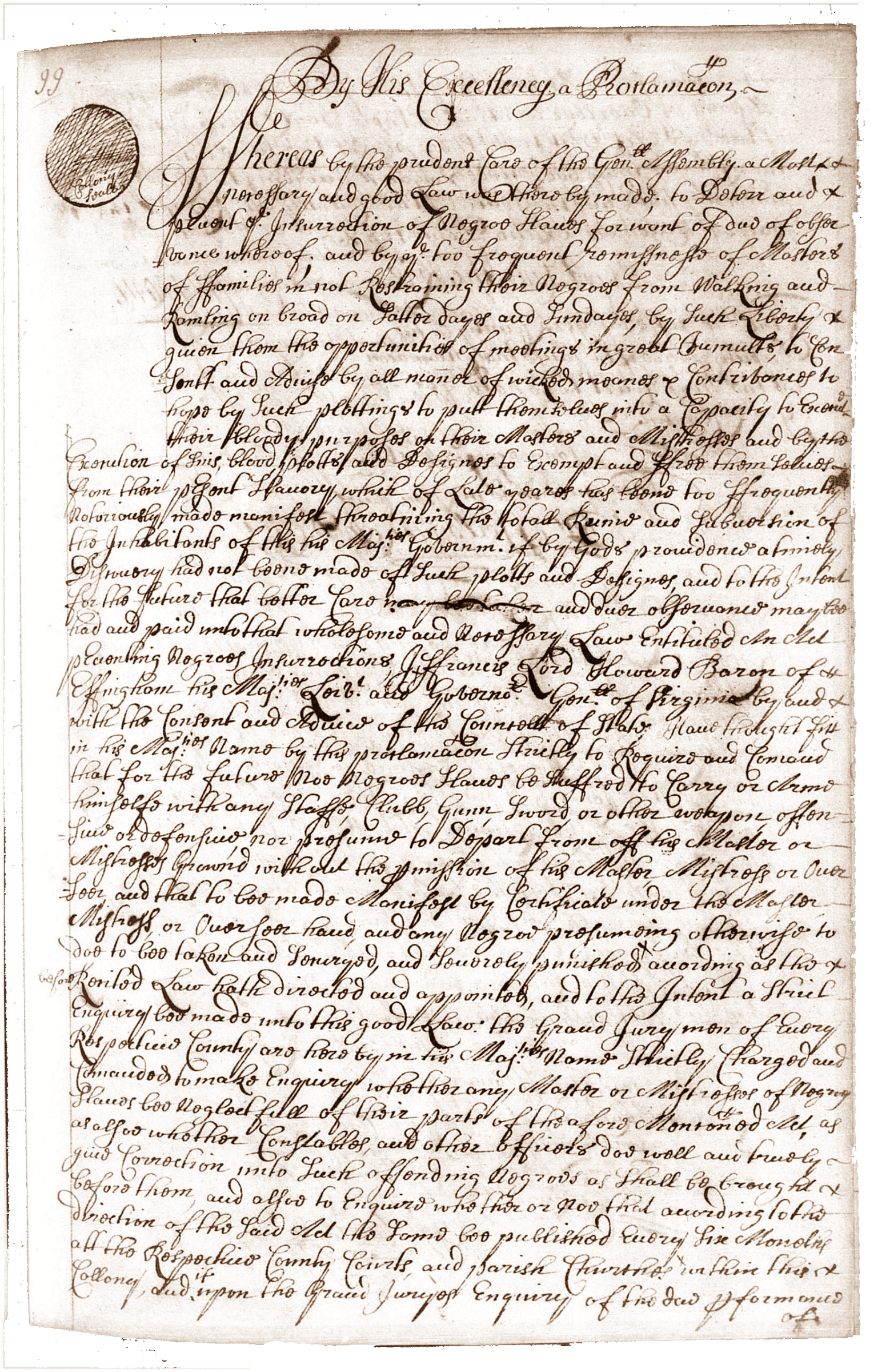 Howard, Francis. Governor Effingham’s 1687 Proclamation, November 1687. Library of Virginia