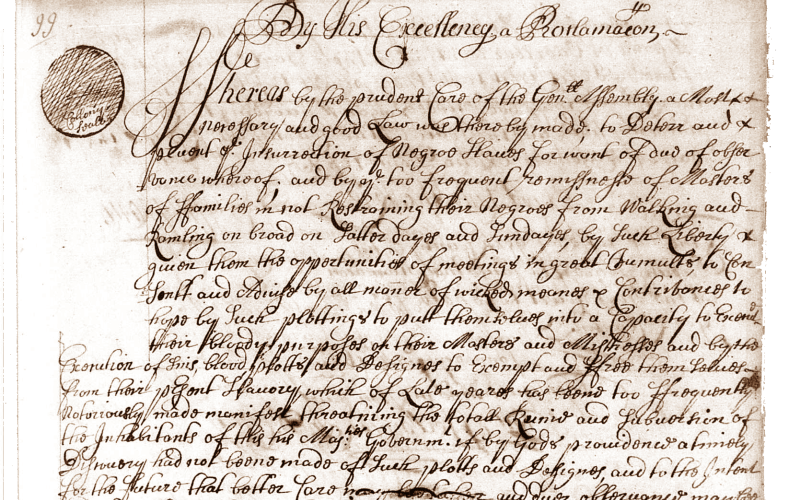 Proclamation by Governor Sir Frances Howard following the alleged Westmoreland County Slave Plot